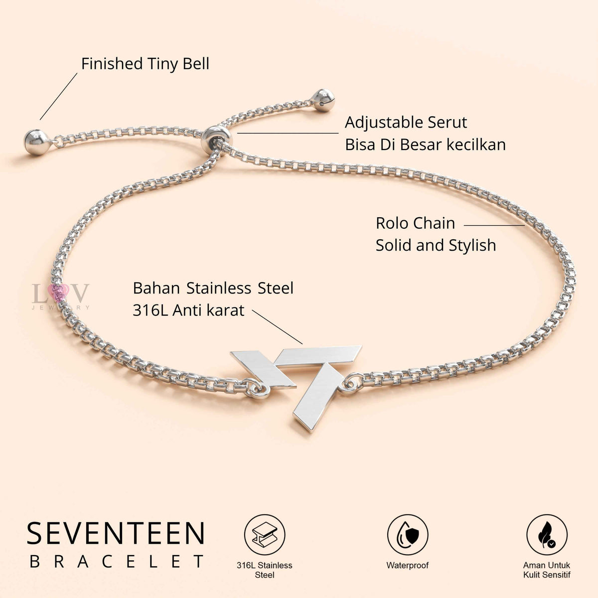 Gelang Seventeen Serut Stainless 316 Custom Logo Kpop Aksesoris Bias Carat | Seventeen Bracelet