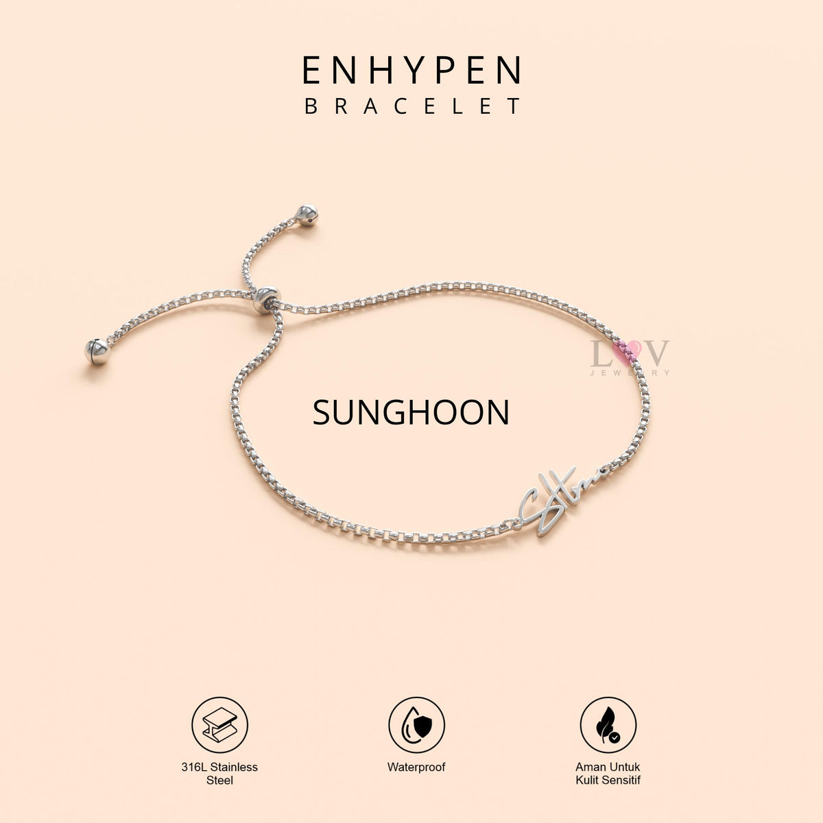 Gelang Enhypen Custom Logo Signature Tanda Tangan Kpop Aksesoris Bias Engene Serut Stainless Silver | Enhypen Bracelet